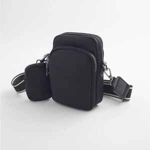Chico's Black Nylon Crossbody Bag with Detachable Pouch and Striped Strap